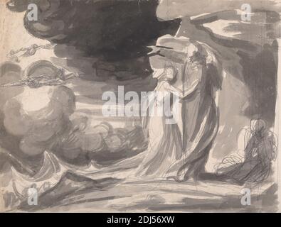 Miranda, Prospero, et Caliban : The Tempest, George Romney, 1734–1802, British, non daté, Grey wash over graphite on medium, légèrement texturé, crème parée papier, feuille: 15 1/2 x 22 1/8 pouces (39.4 x 56.2 cm), cap, manteau, nuages, robe, étude de figure, vol, thème littéraire, hommes, pièce, le Tempest, pièce de William Shakespeare, théâtre, vagues (événements naturels), femme Banque D'Images