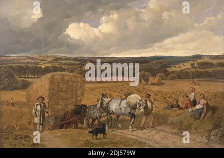 The Harvest, John Frederick Herring, 1795–1865, Royaume-Uni, vers. 1857, huile sur toile, support (PTG): 23 1/4 x 35 3/8 pouces (59.1 x 89.9 cm), agriculture, animaux, manteau, nuages, costume, pays (paysage rural), chien (animal), agriculteurs, terres agricoles, champ, récolte, chevaux (animaux), industrie, ouvriers, paysage, arbres, wagon, ouvriers, classe ouvrière Banque D'Images