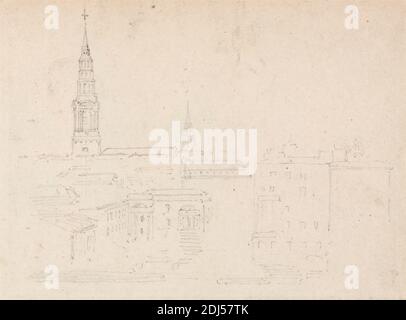 St. Bride's, Fleet Street, London, Thomas Girtin, 1775–1802, British, Californie, 1801, Graphite sur papier vélin beige, légèrement texturé, feuille: 4 3/16 x 5 5/8 pouces (10.6 x 14.3 cm), bâtiments, église, paysage urbain, clocher, ville de Londres, Angleterre, Europe, Londres, Église Saint-Bride, Royaume-Uni Banque D'Images