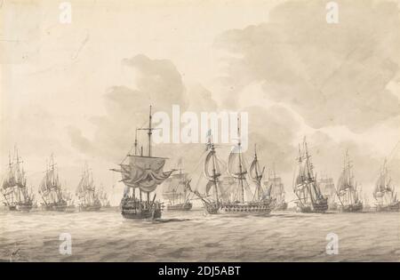La bataille de la banque de la Dogger, 5 août 1781, Dominic Serres RA, 1722–1793, français, actif en Grande-Bretagne (à partir des années 1750), 1781, encre de plume et grise et lavage gris avec trace s d'aquarelle sur graphite sur crème, modérément texturé, fin, papier couté, feuille : 9 1/4 x 14 1/4 pouces (23.5 x 36.2 cm), batailles, quatrième guerre anglo-hollandaise, 1780–1784, art marin, mer, expédition, guerres, mer du Nord Banque D'Images