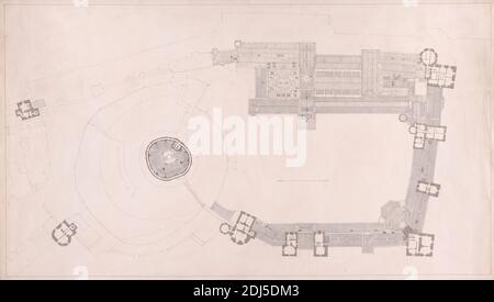 Windsor Castle, Berkshire: Plan d'étage principal, Studio de Sir Jeffry Wyatville, 1766–1840, British, après 1830, aquarelle, stylo et encre noire, graphite sur papier de vélin légèrement texturé, modérément épais, crème, feuille: 16 1/2 × 28 7/8 pouces (41.9 × 73.3 cm), sujet architectural Banque D'Images