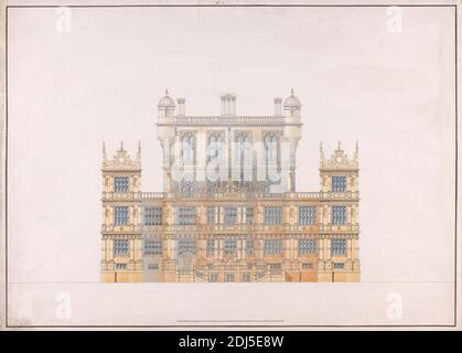 Wollaton Park, Nottingham: South Elevation, Studio de Sir Jeffry Wyatville, 1766–1840, British, ca. 1801, stylo et encre noire et brune, graphite, aquarelle sur papier vélin légèrement texturé, moyennement épais, crème, feuille: 15 5/8 × 21 3/4 pouces (39.7 × 55.2 cm), sujet architectural Banque D'Images