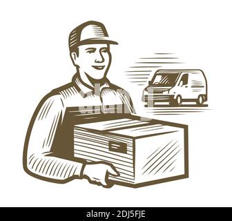 Service de livraison. Le service de messagerie tient le colis. Le jeune homme porte une boîte en carton Illustration de Vecteur