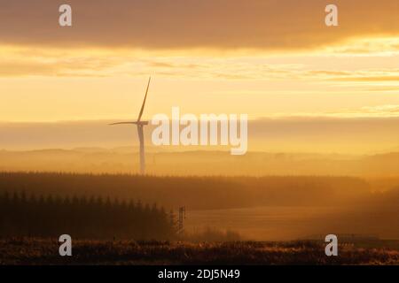 Éoliennes à la campagne au coucher du soleil. West Lothian, Écosse, Royaume-Uni Banque D'Images