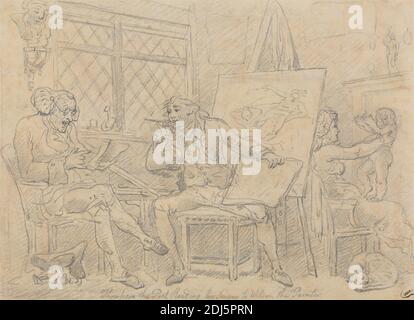 L'historien animant l'esprit du jeune artiste-peintre, Thomas Rowlandson, 1756–1827, britannique, non daté, Graphite sur moyen, modérément texturé, beige, papier cousu, monté sur, épais, modérément texturé, crème, papier vélin, feuille: 7 7/16 x 10 3/16 pouces (18.9 x 25.9 cm) et support: 9 5/16 x 12 1/16 pouces (23.7 x 30.6 cm), buste, chat (chat domestique), chaises, enfant, chevalet, genre sujet, chapeau, historien, intérieur, hommes, peintre, stylo, pièce, sculpture, fenêtre, femme, écrivain Banque D'Images