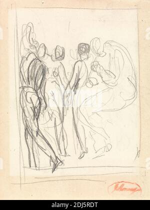 Danseurs et musiciens, probablement pour 'l'Allegro', George Romney, 1734–1802, Britannique, non daté, Graphite sur papier peint moyen, légèrement texturé, crème, feuille: 5 7/8 x 4 1/2 pouces (14.9 x 11.4 cm), danseurs, figure, étude de figure, instruments, musiciens Banque D'Images