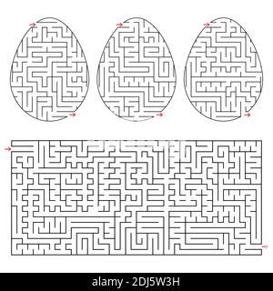 Labyrinthe rectangulaire abstrait isolé et trois types sous forme d'oeuf. Couleur noire sur fond blanc. Un jeu intéressant et utile pour c Illustration de Vecteur