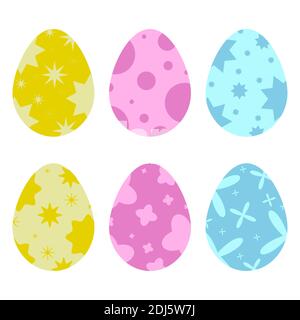 Ensemble d'œufs de Pâques isolés de couleur sur fond blanc. Illustration simple à vecteur plat. Convient à la décoration de cartes postales, de publicité, de magazines. Illustration de Vecteur