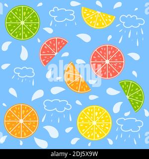 Ensemble de tranches de fruits apétitiques isolées colorées sur fond bleu. Une cuisine tropicale juteuse, lumineuse et délicieuse. Illustration simple à vecteur plat. Adapté Illustration de Vecteur