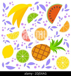 Un ensemble de demi-fruits isolés de couleur et de fruits entiers qui vous arrosoir la bouche. Une cuisine tropicale juteuse, lumineuse et délicieuse. Lime, citron, pamplemousse, orange, bananes, pi Illustration de Vecteur