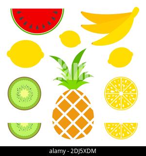 Un ensemble de délicieux fruits isolés de couleur sur fond blanc. Une cuisine tropicale juteuse, lumineuse et délicieuse. Citron, kiwi, banane, ananas, pastèque. Illustration de Vecteur