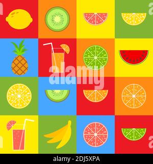 Ensemble de fruits isolés colorés et appétissants sur fond de carrés. Cuisine tropicale lumineuse. Citron vert, citron, pamplemousse, orange, pastèque, kiwi, Ban Illustration de Vecteur