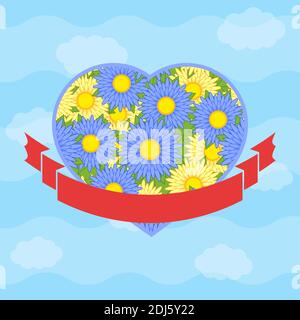Colorer le cœur isolé contre un ciel avec des nuages. Avec un motif fleuri romantique. Avec ruban bannière pour le texte à l'avant. Illustrat vectoriel plat simple Illustration de Vecteur