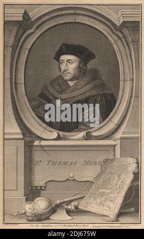 Sir Thomas More, imprimé par Jacobus Houbraken, 1698–1780, néerlandais, d'après Hans Holbein le plus jeune, ca. 1497–1543, allemand, actif en Suisse et en Angleterre, 1741, gravure en ligne sur papier à fond crème, légèrement texturé Banque D'Images