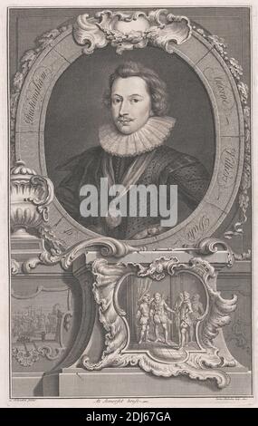 George Villiers, premier duc de Buckingham, imprimé par Jacobus Houbraken, 1698–1780, néerlandais, d'après Cornelius Johnson, 1593–1661, britannique, ca. 1745, gravure en ligne sur papier moyen, légèrement texturé, crème Banque D'Images