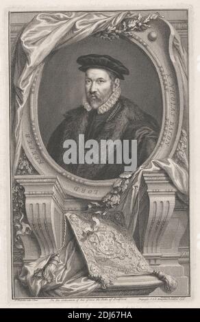 Sir Nicholas Bacon, Lord Keeper, imprimé par Jacobus Houbraken, 1698–1780, néerlandais, d'après Federico Zuccaro, 1540/1541–1609, italien, 1738, gravure en ligne sur papier moyennement texturé, crème Banque D'Images