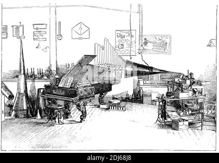 Intérieur du laboratoire de Thomas Edison. Illustration du 19e siècle. Allemagne. Arrière-plan blanc. Banque D'Images