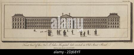 Vue de face de l'hôpital New St. Luke érigé à la fin de la rue Old Street Road, publié par John Sewell, active 1735–1802, British, 1785, gravure de ligne sur papier de couleur crème, légèrement texturé, moyen Banque D'Images