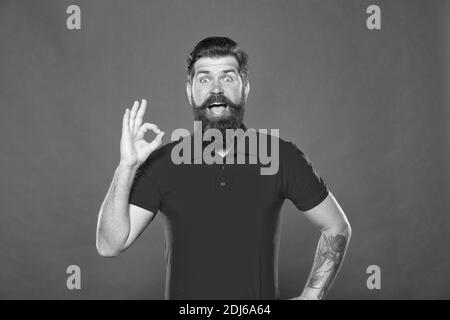 Meilleure coupe de cheveux ici. Promotion des services de coiffure. Portrait d'un homme barbu sur fond rouge. Un homme brutal avec moustache. Taille basse avec barbe. Salon de coiffure. Brutalité et confiance. Modèle de barbershop. Banque D'Images