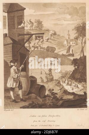 Satire on False perspective, d'après William Hogarth, 1697–1764, British, publié par Samuel Ireland, active 1760–meurt 1800, British, 1799, Etching et aquatint sur papier de vélin moyen, légèrement texturé, crème Banque D'Images