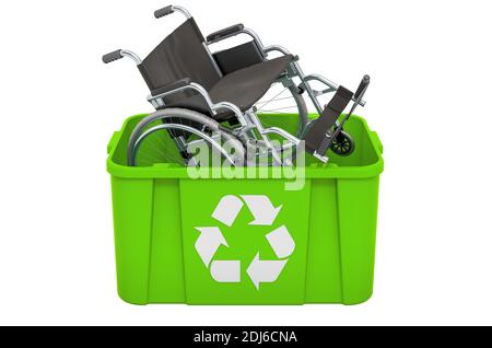 Poubelle de recyclage avec fauteuil roulant manuel, rendu 3D isolé sur fond blanc Banque D'Images