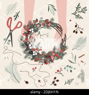 Vue de dessus des mains fleuristes qui font une couronne de Noël avec des branches de sapin et des branches florales décoratives et des baies. Illustration vectorielle Illustration de Vecteur