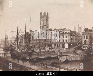 Harbour Scene, Bristol, artiste inconnu, XIXe siècle, ca. 1855, papier salé de collodion humide négatif sur papier fin, lisse, crème, feuille: 6 1/4 × 8 pouces (15.9 × 20.3 cm), sujet architectural, pont (travaux de construction), bâtiments, paysage urbain, port, navires, Bristol, Angleterre, Royaume-Uni Banque D'Images