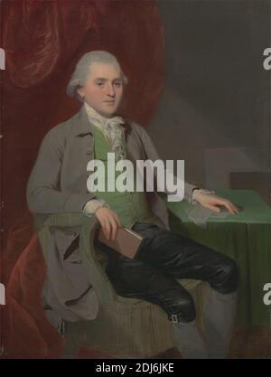 Un homme inconnu, John Downman, 1750–1824, britannique, env. 1780, huile sur panneau, support (PTG): 14 x 10 1/2 pouces (35.6 x 26.7 cm), livre, rideau, bureau, gris (couleur), gris (couleur), homme, portrait, assis, assis, table, gilet, perruque Banque D'Images