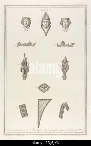 Un compte de certains monuments anciens de l'abbaye de Westminster, à Vetusta Monumenta, vol. 2: Têtes et ornements du côté nord du monument du roi Sebert (plaque VI), James Basire, 1769–1822, britannique, William Blake, 1757–1827, britannique, attribué à Sir Joseph Ayloffe, 1709–1781, britannique, 1780, gravure Banque D'Images