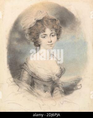 Portrait d'une dame, face à face, John Downman, 1750–1824, britannique, non daté, noir, rouge, jaune, et bleu craie sur graphite moyen, légèrement texturé, papier de vélin crème, feuille: 9 5/8 × 8 pouces (24.4 × 20.3 cm), arc (accessoire de costume), costume, fichu, étude de figure, dame, collier, noblesse, ovale, perles, portrait, femme Banque D'Images