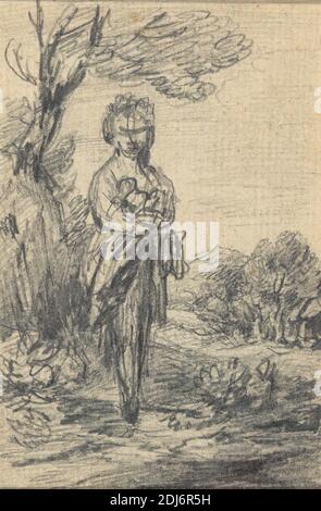 Figure féminine debout dans un paysage, Gainsborough Dupont, 1754–1797, Britannique, non daté, Graphite sur moyen, modérément texturé, beige, papier coulé, monté sur, très épais, légèrement texturé, beige, papier cartable, feuille: 3 1/2 x 2 1/4 po. (8.9 x 5,7 cm Banque D'Images