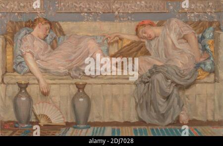 Perles (étude), Albert Joseph Moore, 1841–1893, British, v. 1875, huile sur toile, support (PTG): 11 3/4 x 19 1/4 pouces (29.8 x 48.9 cm), perles, couverture (couverture), canapé, ventilateur (accessoire de costume), genre sujet, filles, peintures, oreillers, pré-Raphaelite, tapis, couchage, canapé, étude (travail visuel), vases, victorien Banque D'Images