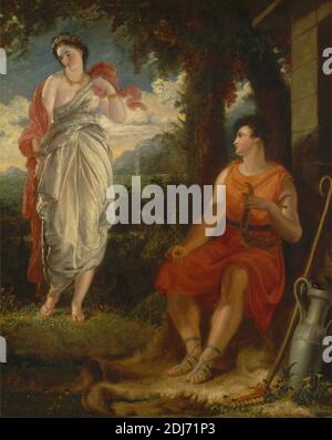 Vénus et Anchises, Benjamin Robert Haydon, 1786–1846, British, 1826, huile sur toile, support (PTG): 50 x 40 pouces (127 x 101.6 cm), amphora, chalet, drapery, maison, lyre, homme, rouge, sujet religieux et mythologique, robe, tapis, sandales, toge, blanc (couleur), femme Banque D'Images