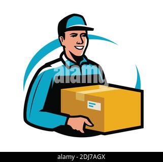 Service de livraison. Le service de messagerie tient le colis. Le jeune homme porte une boîte en carton Illustration de Vecteur