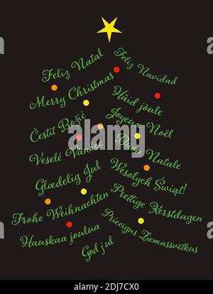 Joyeux Noël mot dans de nombreuses langues différentes comme un arbre vert avec des boules lumineuses colorées et une étoile jaune sur le dessus. Vecteur d'arrière-plan des vacances d'hiver Banque D'Images
