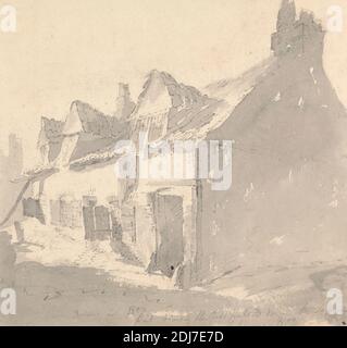 Old Cottages, artiste inconnu, anciennement attribué à John Crome, 1768–1821, British, 1800, Grey wash and graphite on Medium, légèrement texturé, crème papier vélin, feuille: 8 15/16 x 9 3/8in. (22.7 x 23,8cm) et feuille: 8 7/8 × 9 3/8 pouces (22.5 × 23.8 cm), sujet architectural, chalet Banque D'Images