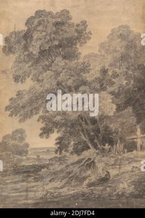 Arbres par un étang, artiste inconnu, anciennement attribué à John Crome, 1768–1821, British, non daté, Brown wash, Gray wash, et noir craie sur papier moyen, légèrement texturé, crème, feuille: 15 3/16 x 10 13/16po. (38.6 x 27,5 cm) et feuille: 15 1/4 × 10 3/4 pouces (38.7 × 27.3 cm), clôture, paysage, étang, arbre Banque D'Images