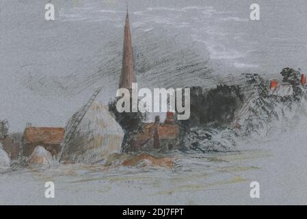 Étude de paysage : une botte de foin près d'une église, disciple de Peter DeWint, 1784–1849, britannique, non daté, aquarelle et graphite avec craie noire et craie blanche sur papier de vélin bleu, moyen, légèrement texturé, feuille : 6 7/8 x 10 1/4 pouces (17.5 x 26 cm), église, nuages, foin, échelle, paysage, clocher, étude (travail visuel), arbres Banque D'Images