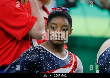 Simone Biles des États-Unis la superstar de l'équipe féminine de gymnastique des États-Unis qui a remporté l'épreuve de l'équipe féminine de gymnastique artistique à Rio Olympic Arena, Rio, Brésil, le 9 août 2016. Photo de Henri Szwarc/ABACAPRESS.COM Banque D'Images