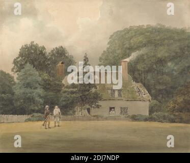 Cottage sur le terrain d'Ayot Saint-Laurent Hertfordshire, Samuel Davis, 1757–1819, Britannique, non daté, aquarelle et graphite sur papier vélin moyen, légèrement texturé, crème, feuille : 9 3/8 x 11 3/4 pouces (23.8 x 29.8 cm), sujet architectural, chalet, maison de campagne, terrain, maison, paysage, arbres, Ayot Saint Lawrence, Angleterre, Europe, Hertfordshire, Royaume-Uni Banque D'Images