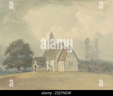 Église avec beffroi en bois - une des trois versions, Samuel Davis, 1757–1819, britannique, non daté, aquarelle et graphite sur papier vélin moyen, légèrement texturé, feuille: 9 1/2 x 11 7/8 pouces (24.1 x 30.2 cm), sujet architectural, architecture, beffroi, chapelle, église, architecture religieuse, bâtiments religieux, bois Banque D'Images