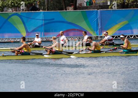 L'équipe allemande de Wende, Schoof, Schulz et Gruhne a remporté le 11 août 2016 l'épreuve de sculls quadruples de Mens à l'aviron au Lagoa Rowing Stadium, Rio, Brésil. Photo de Henri Szwarc/ABACAPRESS.COM Banque D'Images