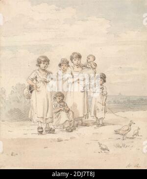 Groupe d'enfants anglais : vue à distance de St. Paul's, William Alexander, 1767–1816, Britannique, non daté, aquarelle et graphite sur papier de vélin moyen, légèrement texturé, crème, feuille : 4 7/8 × 4 1/8 pouces (12.4 × 10.5 cm), bébé, panier, cathédrale, enfants, robes, canards, genre sujet, filles, paysans, ville de Londres, Angleterre, Grand Londres, Londres, Cathédrale Saint-Paul, Royaume-Uni Banque D'Images