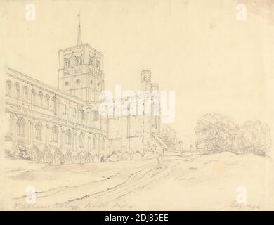 Abbaye Saint-Alban, Henry Edridge, 1769–1821, britannique, env. 1800, Graphite sur papier vélin crème, légèrement texturé, feuille: 10 3/8 × 13 3/8 pouces (26.4 × 34 cm), abbaye, sujet architectural, cathédrale, route, arbres, Angleterre, Europe, Hertfordshire, Saint Albans, cathédrale et église abbatiale de St Alban, Royaume-Uni Banque D'Images