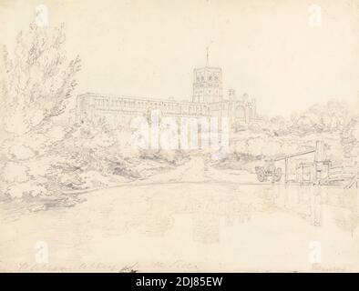 Abbaye de Saint-Alban, Henry Edridge, 1769–1821, British, 1801, Graphite sur papier à colombe crème, moyennement texturé, feuille : 9 7/8 × 13 pouces (25.1 × 33 cm), abbaye, sujet architectural, pont (travaux de construction), pont (travaux de construction), cathédrale, paysage, arbres, wagon, Angleterre, Europe, Hertfordshire, Saint Albans, cathédrale et église de l'abbaye de St Alban, Royaume-Uni Banque D'Images