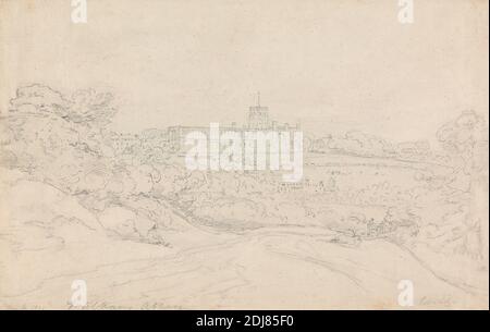 Abbaye de Saint-Alban, Henry Edridge, 1769–1821, britannique, 1805, Graphite sur papier crème moyennement texturé, feuille: 9 × 13 5/8 pouces (22.9 × 34.6 cm), abbaye, sujet architectural, église, forêt, colline, sentier, bois, Angleterre, Europe, Hertfordshire, Abbaye de Saint-Alban, Royaume-Uni Banque D'Images