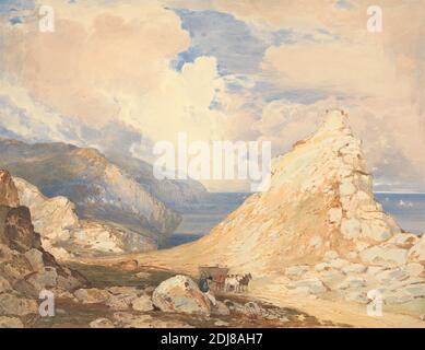Valley of Rocks, Lynton, North Devon, Francis Oliver Finch, 1802–1862, British, non daté, aquarelle, avec stylo, à l'encre brune, gouache, graphite et égratignure sur modérément épais, légèrement texturé, crème, papier vélin, feuille : 11 9/16 × 15 pouces (29.4 × 38.1 cm), figures, chevaux (animaux), paysage, route, rochers (formes terrestres), vallée (forme terrestre), wagon, eau, Devon, Angleterre, Europe, Lynton, Royaume-Uni, Vallée des rochers Banque D'Images