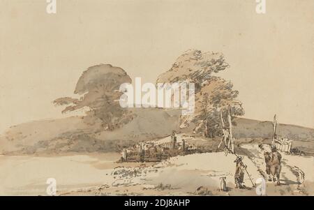 Paysage avec un pont, Heneage Finch quatrième comte d'Aylesford, 1751–1812, Britannique, 1790 à 1795, stylo, encre brune, lavage brun, et lavage gris sur papier moyen, légèrement texturé, crème, feuille: 8 × 12 5/8 pouces (20.3 × 32.1 cm), pont (travaux construits), paysage, rivière, arbres Banque D'Images