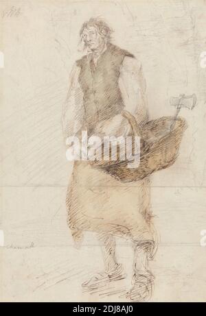 The Butcher, Heneage Finch quatrième comte d'Aylesford, 1751–1812, Britannique, non daté, aquarelle, stylo, encre brune, et graphite sur papier légèrement épais, modérément texturé, crème, feuille: 15 3/8 × 10 1/2 pouces (39.1 × 26.7 cm), tablier, hache, panier, étude de figure, sujet de genre, homme Banque D'Images