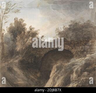 Pont au-dessus d'une gorge profonde, Heneage Finch quatrième comte d'Aylesford, 1751–1812, Britannique, non daté, aquarelle, stylo et encre brune sur graphite sur papier moyen, légèrement texturé, feuille de papier de vélin crème, feuille: 6 1/4 × 6 7/8 pouces (15.9 × 17.5 cm), sujet architectural, pont (ouvrage construit), fossé, arbres Banque D'Images